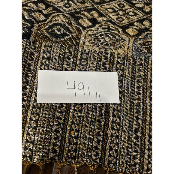 Pashmina Shawl Intricate Gold Black Geometric Patterns Fringe - Picture 8 of 8